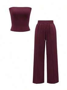 2pcs Vaiaye Autumn Outfit, Fitted Sexy Strapless Cropped Top & Elastic Solid Color Fitted Yoga Bandeau Top, Spring/Summer Pants Set - Màu tím - Xem 4