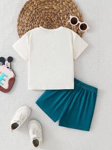 Disney 2pcs Baby Boys Slouchy Solid Color Short Sleeve T-Shirt And Elastic Waist Shorts Set - Teal Blue - View 2