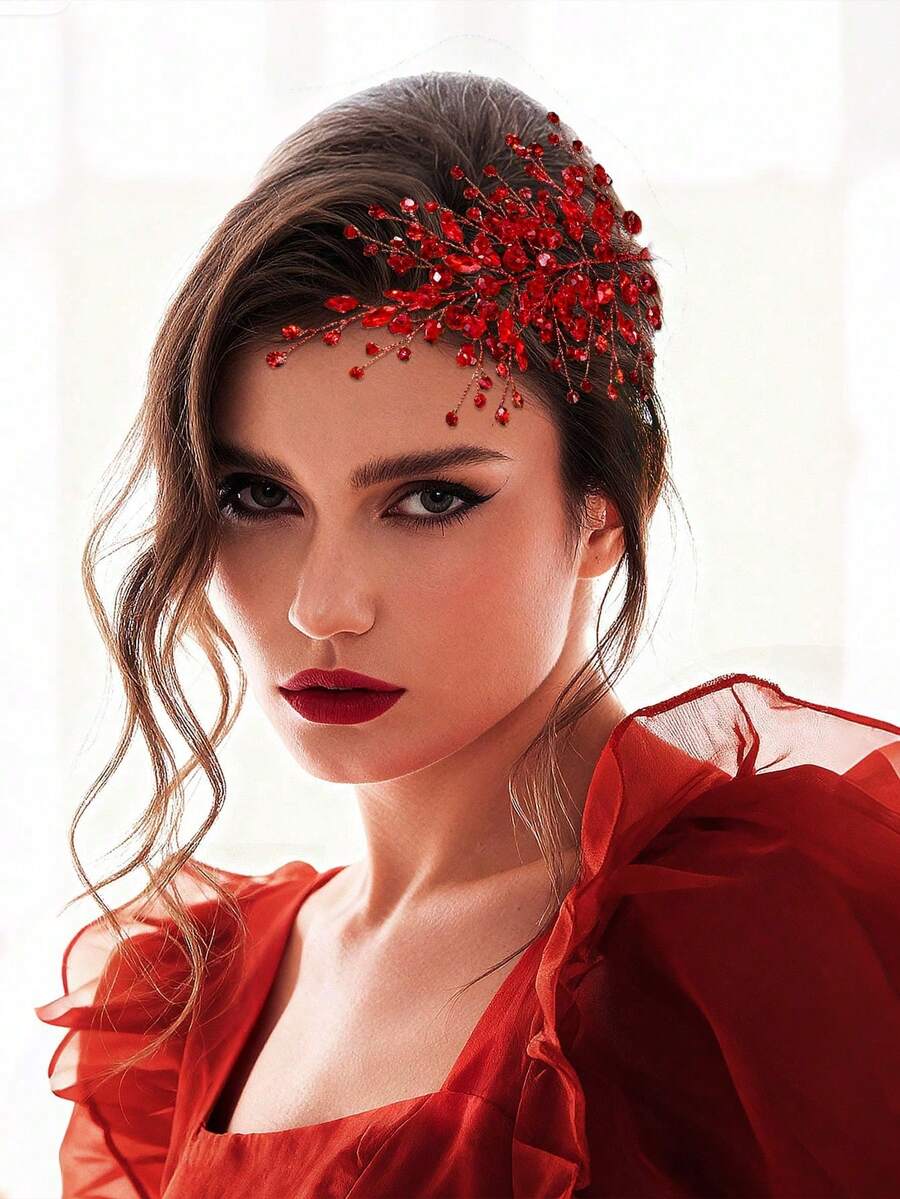 1pc Red Green Rhinestone Bridal Head Piece Shiny Women's Headwear Suitable For Wedding Party And Easter ﻿