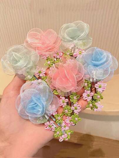 2件套波西米亚风优雅时尚网纱花朵发箍，甜美乡村风刘海夹，少女侧边发夹