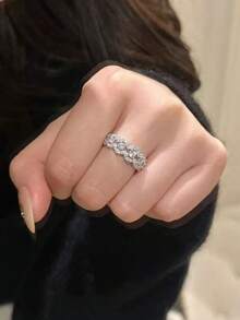 1枚优雅奢华简约精致镂空波浪纹锆石镶嵌铜戒指，适合女性日常、通勤、节日、派对、休闲场合佩戴 - 銀色 - 查看 6