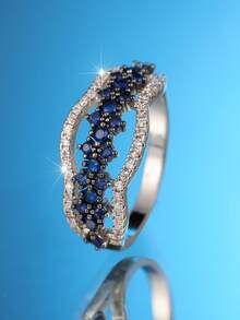 1pc Elegant Blue Cubic Zirconia Inlaid White K-Plated Symmetric Design Ring - Luxury Mother's Day Holiday Gift, Suitable For Party Wear, Daily Wear And Gift Giving, All Seasons - Blue - View 2