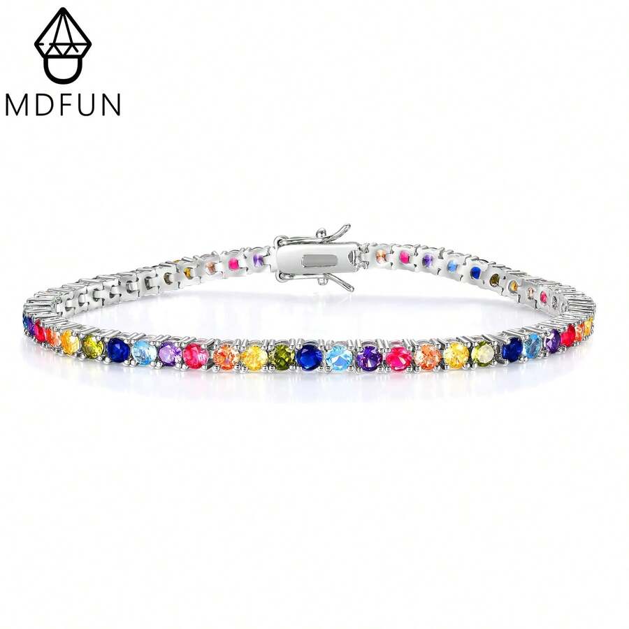 MDFUN 3毫米彩色立方氧化锆女士网球手链 - 18K白金镀层CZ彩虹网球链手链，长度6-8.5英寸