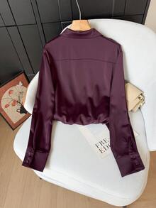 Camisa de mujer casual y elegante de manga larga, de unicolor y con botones delanteros, adecuada para el hogar, el trayecto, festivales de música/temporada de bodas, primavera/verano - Burdeos - Ver 4