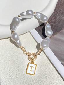 1 Pieza Pulsera de mujer con cadena de perlas, cierre de rosquilla y colgante de 26 letras. Lujo exquisito y discreto, estilo suave, ideal para uso diario o como regalo. - Multicolor - Ver 2