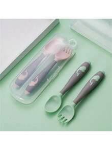 Set de 2 cucharas y tenedores para niños, adecuado para alimentación y entrenamiento - Cuchara y tenedor flexibles 360° con caja de almacenamiento - Verde - Ver 3