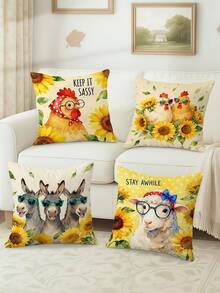 4pcs Farm Animal Sunflower Throw Pillow Covers, Yellow Green Funny Decorative Pillowcases, One-Sided Printing, Country-Rustic Style, Machine Washable, Zipper Closure, Polyester, For Living Room, Bedroom, Sofa, Bed Decor, No Pillow Inserts Included - Yellow - View 5