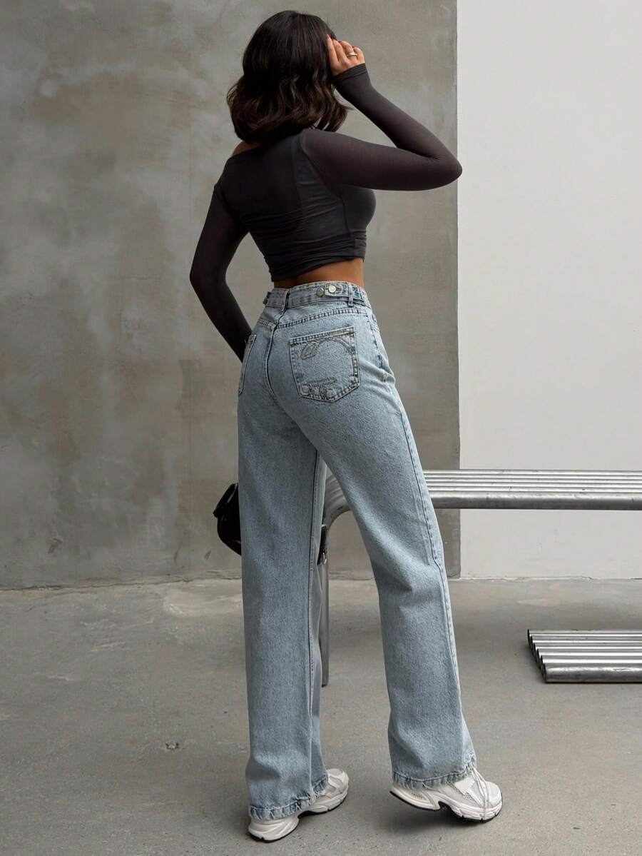 REVERSE LEG FRAGRANT EMBROIDERED WIDE LEG JEANS - Light Wash - View 1