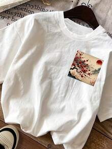 Camiseta de algodón de 180g para mujer, con estampado vintage de flores de cerezo estilo Ukiyo-e, cuello redondo, mangas cortas, estampado de arte japonés, top casual para primavera/verano. Lavable aáquina, adecuada para el uso diario, salidas informales, versátil para uso en casa y para paseos al aire libre. Sencilla y versátil, un estilo de nicho a, la primera opción para parejas. - Blanco - Ver 5