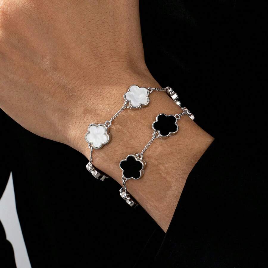 1pc Classic Black & White Clover Chain Bracelet Set (Single/Double Chain Options), Minimalist Fashion Suitable For Daily Wear - Black and White - View 1