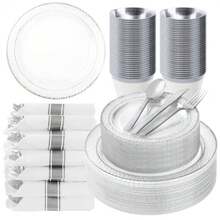 350PCS Clear Plastic Plates With Silver Trim For 50 Guests Disposable Dinnerware Set For Party And Wedding Includes 100 Plastic Plates 50 Pre Rolled Napkins With Silver Silverware 50 Cups - 銀 - 查看 1