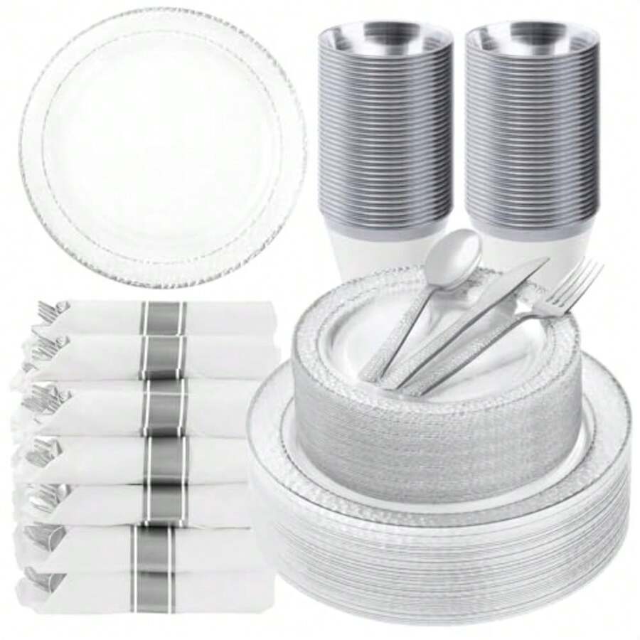 350PCS Clear Plastic Plates With Silver Trim For 50 Guests Disposable Dinnerware Set For Party And Wedding Includes 100 Plastic Plates 50 Pre Rolled Napkins With Silver Silverware 50 Cups - 銀 - 查看 1