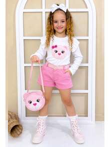 Girls' Outfit Set With Teddy Bear Purse, Short Or Long-Sleeved Blouse, Shorts, And Belt. Summer, Autumn, Winter. Borboletinhas Kids. - 粉紅色長袖 - 查看 3