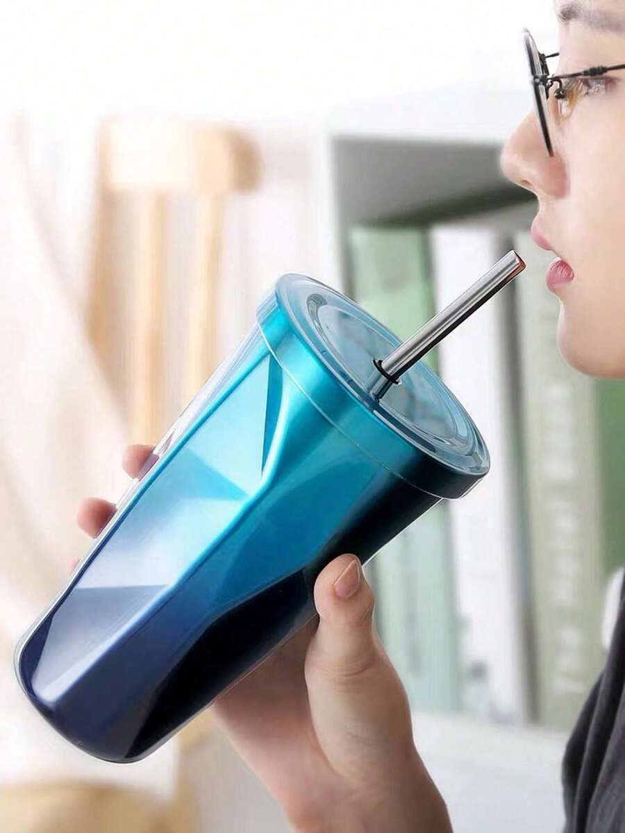 1个500毫升双层不锈钢吸管杯，带吸管的保温饮料杯，适用于车载使用 - 彩色 - 查看 1