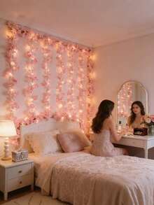 1串LED樱花灯串，暖白光和粉色光 - 户外/室内悬挂藤蔓装饰，逼真的花枝叶，派对照明 - 安装简便 - 櫻花 - 查看 2
