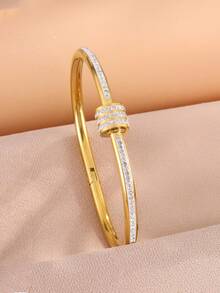 1/4pcs 18K Gold Plated Stainless Steel Rhinestone Bangle Set - Suitable For Fashionable Women, Daily Wear, Office, Party, Date, Anniversary Gift - Bracelet - View 6