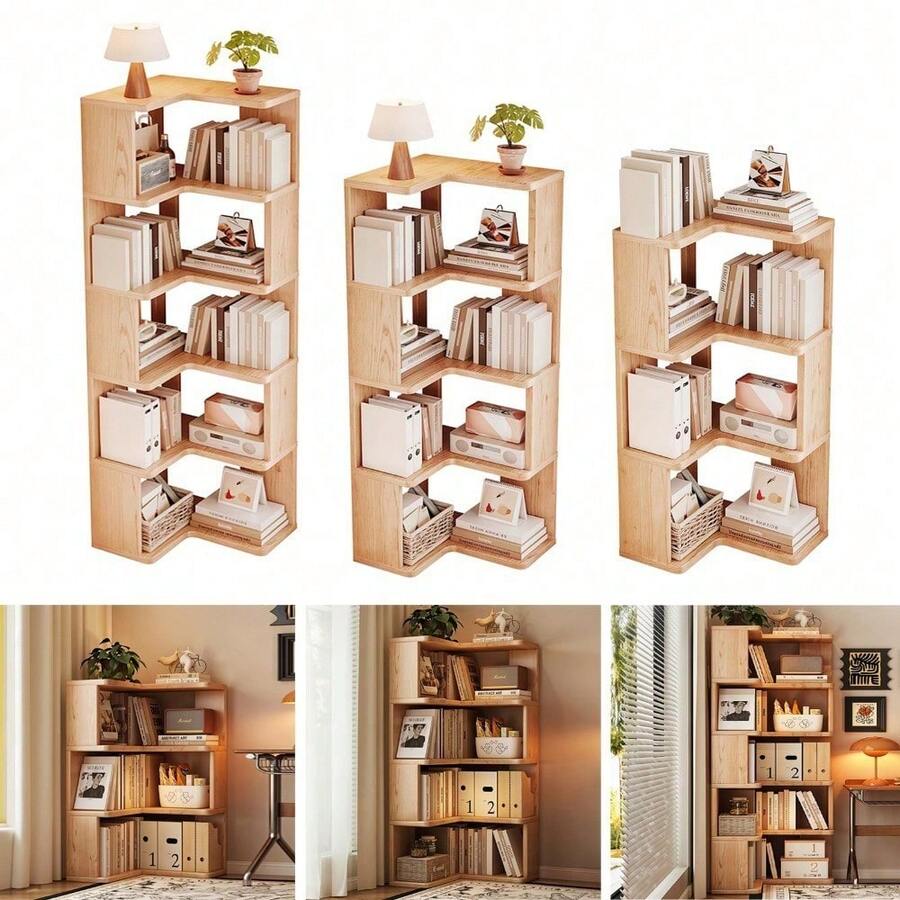 3/4/5 Tier Standing Book Shelves Corner Shelf Storage Wood Display Bookcase Unit - 天然木材 - 查看 1