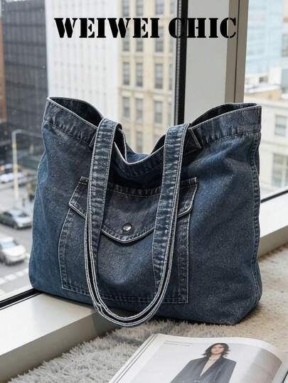 复古牛仔单肩包，复古大容量手提包，女士时尚手提包和购物袋
