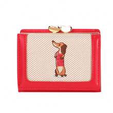 New Original Compact Tri-Fold Wallet, Knitted Embroidery Coin Purse, Cute Canvas Dog Cartoon Short Wallet For Students For Women Wallet Mini Wallet Purse Wallet Small Wallet Cute Wallet Travel Essential Summer Small Wallet Red Wallet - Red - View 1