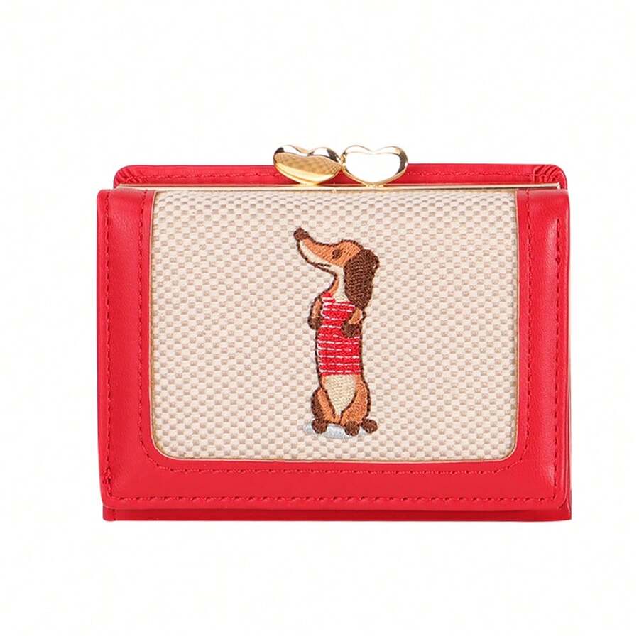 New Original Compact Tri-Fold Wallet, Knitted Embroidery Coin Purse, Cute Canvas Dog Cartoon Short Wallet For Students For Women Wallet Mini Wallet Purse Wallet Small Wallet Cute Wallet Travel Essential Summer Small Wallet Red Wallet - Red - View 1