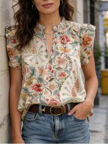 Women's Bohemian Style Camouflage & Floral V-Neck Loose Petal Sleeve Casual Blouse, Spring/Summer - Apricot - View 8