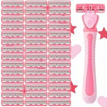 2 Handles + 36 Replacement Blades/3-Layer Manual Razor, Stainless Steel Razor Blades. Sharp, Washable And Reusable, Face Razor, Hair Removal - Pink - View 3