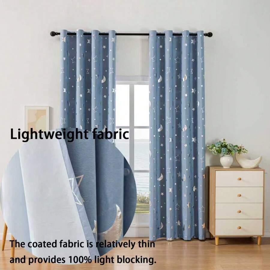 1件装极简涂层复合星月箔遮光隔热窗帘，适用于卧室、客厅、阳台、书房 - 淺藍色 - 查看 1