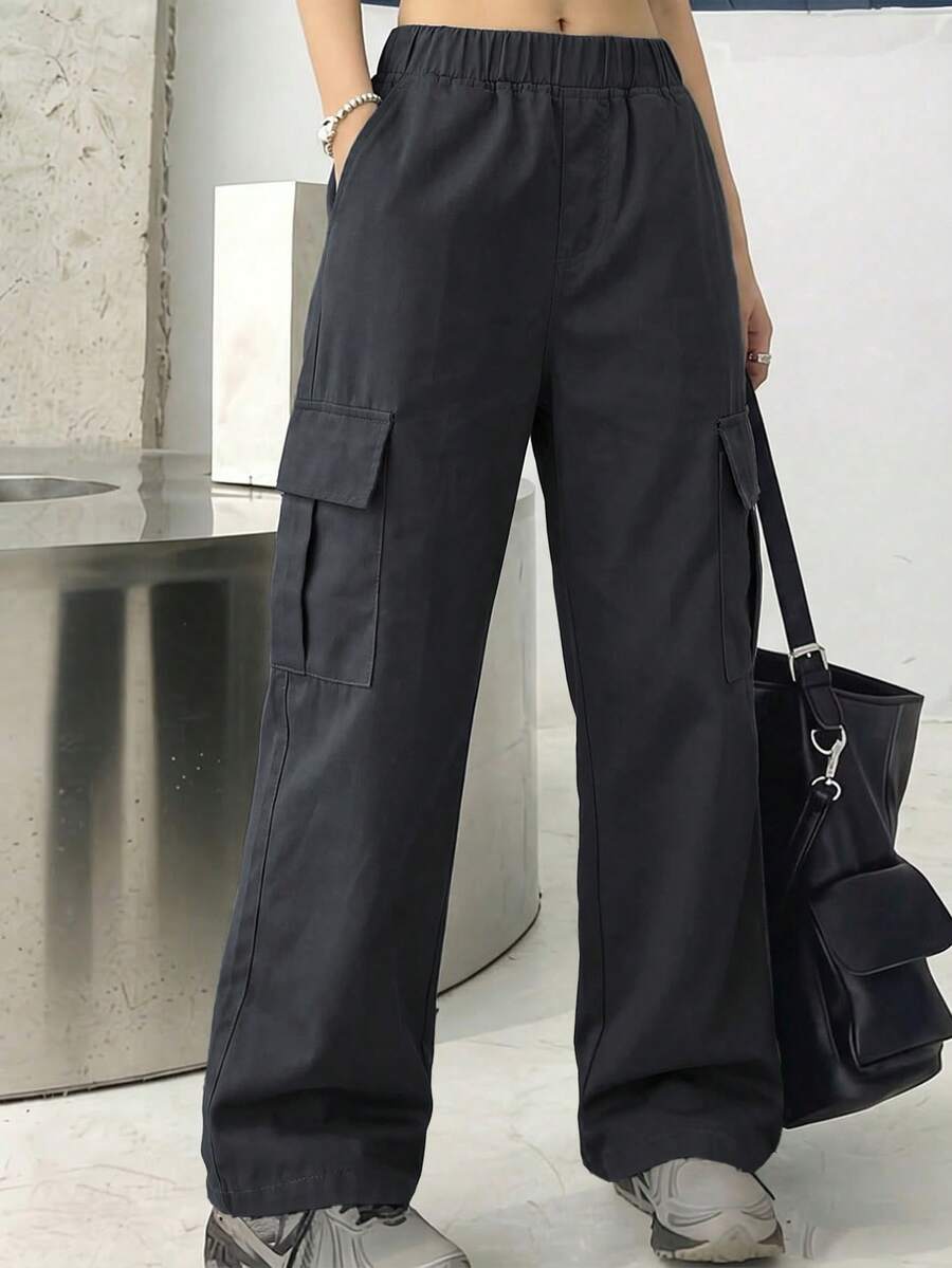 1pc Tween Girls' Fashionable Solid Color Casual Loose Cargo Pants With Multiple Pockets, Spring/Autumn - Grey - View 1