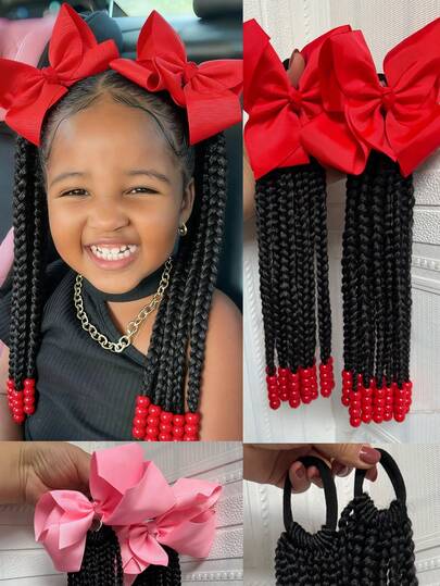 Kids African Dreadlocks1 Ponytail With A Colorful Bow And Colored Bead At The End For Children And Girls Wig 2pcs