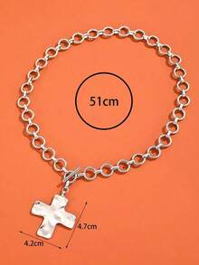 1pc Vintage Minimalist Exaggerated Fashionable Metal Geometric Circle Hammered Cross Pendant Necklace With Thick Chain, Suitable For Daily Wear - 銀級 2 - 查看 3