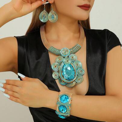 Exaggerated Multi-Layer Resin Crystal Pendant, Handmade Aluminum Wire Woven Beaded Necklace, Earrings, Bracelet, Bohemian, Vintage, Elegant For Party, Wedding, Vacation, European, African, , Middle Eastern, Southeast Asian Style