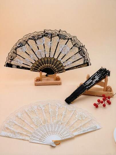1pc Rose Flower Pattern Decorative Folding Fan, Fashionable Casual Minimalist Style, Suitable For Parties, Performances, Photography And Daily Use