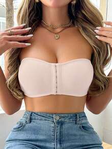 1 Piece Pink Strapless Bra, Seamless & Wire-Free Sticky Bandeau With Front Clasp, No-Slip Design For Wedding Dress, Party, Daily Wear - Perfect Gift For Women, Teens - 淺粉色 - 查看 3