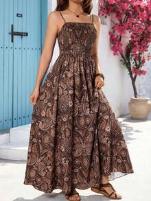 女士棕色波西米亚佩斯利印花吊带无袖梭织面料褶皱上身长款吊带连衣裙，无弹力喇叭下摆休闲夏季沙滩派对度假连衣裙（YY712） - 棕色 - 查看 4