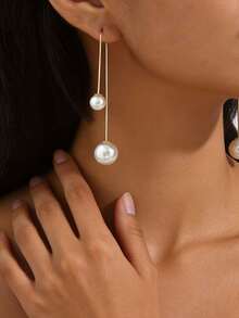 1对女士仿珍珠耳环，长款双珍珠耳环，金属流苏耳环，抛光简约奢华，适合春夏、海滩、通勤、派对、情人节礼物 - 金黃色+白色 - 查看 3