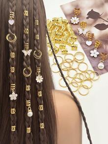 55个纯白花园发圈，饰有珍珠、心形、蝴蝶、雏菊和山茶花图案 - 优雅可调节发箍，适合女孩脏辫 - 金色 - 查看 1