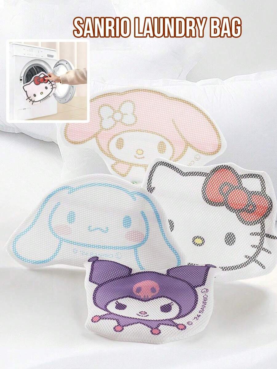 3个装三丽鸥洗衣机专用网布洗衣袋：包含Hello Kitty、My Melody、Cinnamoroll和Kuromi造型的小巧精致洗衣袋，可保护袜子、围兜、小毛巾和连体衣免受损坏和丢失。采用柔软细密的网布制成，配有耐用的抽绳封口，适合成人衣物、宿舍和旅行使用。是三丽鸥收藏家和可爱动漫爱好者的理想礼物，也非常适合收纳小物件。