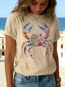 Flower Crab, A Must-Have New Product For Summer. Suitable For Both Spring And Summer Seasons. Comfortable Casual Women's Spring Summer T-Shirt Round Neck, Soft Feel, Ideal Gift For All Occasions. -Casual T-Shirts ,,T-Shirt- Oversized Casual Short Sleeve Round Neck Tee, Soft Breathable Fabric For Holiday Parties& Gift Giving - 杏色 - 查看 9