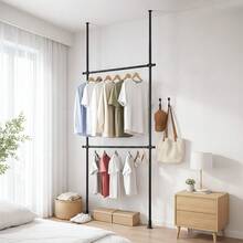 Tension Rod Clothes Rack, Overall Load Capacity 90kg, Width 160cm - 240cm, Height 50cm - 310cm, 3-Tier Tension Rod Type, Indoor Clothes Drying Rack, Sturdy, Clothes Rack, Clothing Storage, Adjustable Vertically And Horizontally, Double Wide Type, Adjustable Load Capacity 100kg, Clothes Rack, Clothing Storage, No Tools Required, Black - Xem 10