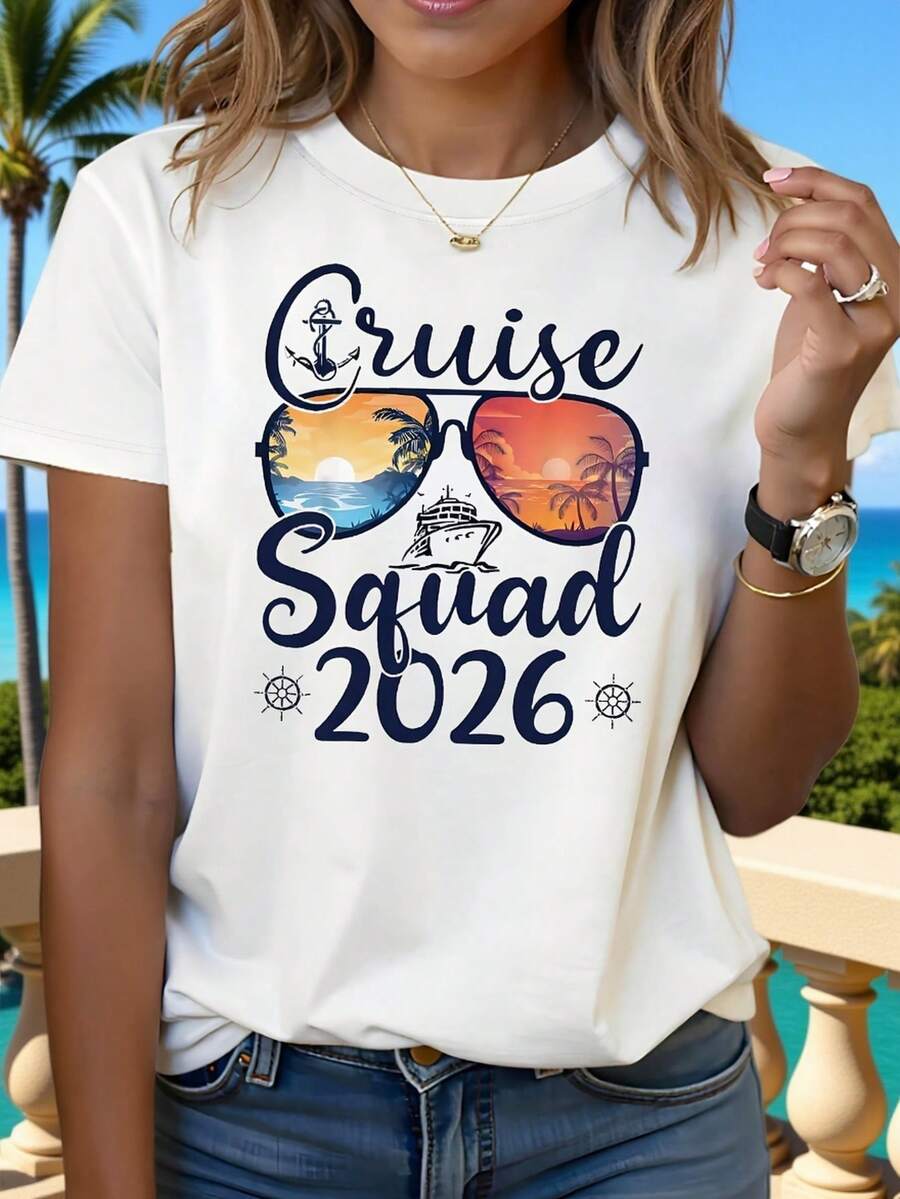 2026 Camiseta Casual de Manga Corta con Cuello Redondo para Mujeres con Estampado Gráfico Cruise Squad Primavera - Verano| Estilo diario, Salida diaria, Regalo de festivales, Patrón de dibujo animado - Blanco - Ver 1
