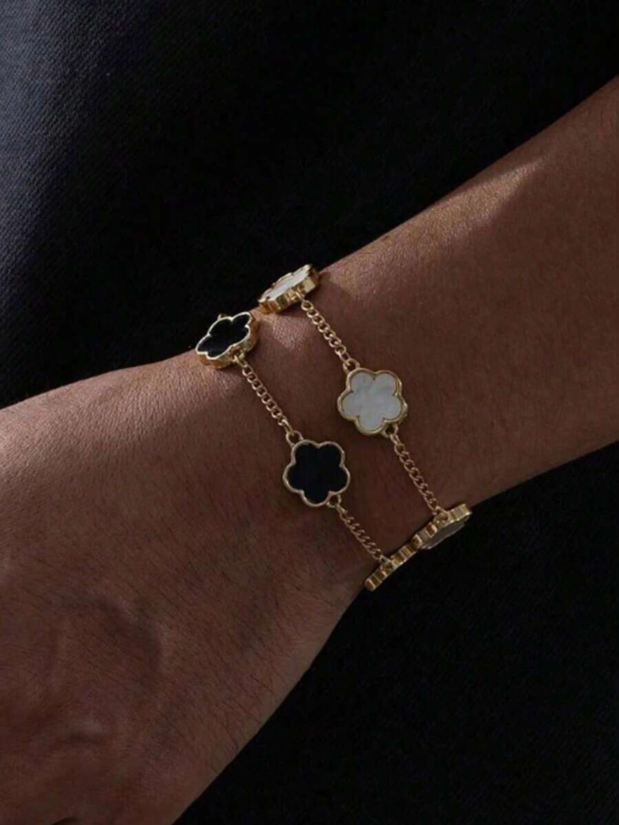 2件套经典黑白五叶草花朵男士手链，寓意吉祥时尚，日常佩戴饰品 - 彩色 - 查看 1