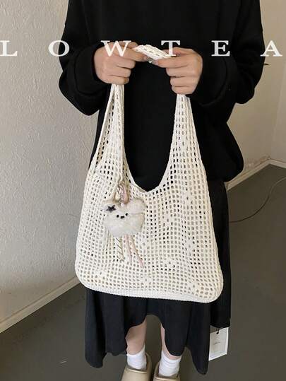 low tea 1个低茶色纯色编织单肩包，女士复古时尚钩针单肩包，顶部双提手设计，敞口闭合，适合旅行、购物、约会、女士礼物，非常适合通勤、户外活动、旅行、徒步（带吊坠）