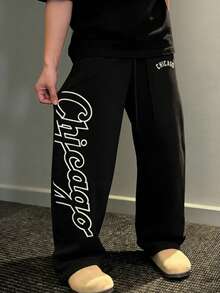 男士休闲裤，直筒条纹设计，抽绳裤脚，尼龙速干面料，宽松阔腿裤 - 黑色 - 查看 3