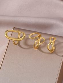 3pcs Minimalist Geometric Line Stainless Steel Adjustable Open Rings, High-End Elegant, Suitable For Women's Daily, Party, And Date Wear - Gold - View 5