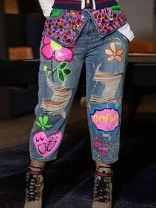 [] Hot New Arrivals Recious Womens Ripped Distressed Destroyed Colorful Rhinestones Printed Party Clubwear Pants Jeans - Blue - View 1