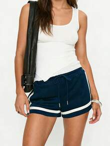 Women's Sleeping Shorts Fashionable Casual Contrast Color Drawstring Pajamas Shorts - 藍色 - 查看 5