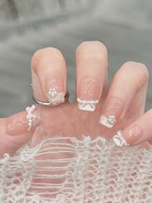 10pcs/Set Press On Nail Art, Love Song, Dazzling Cat's Eye, Pile Of Rhinestones, Sweet And Cute Bow, Polka Dot, Handcrafted, Wearable Nail Art. - Multicolor - View 3