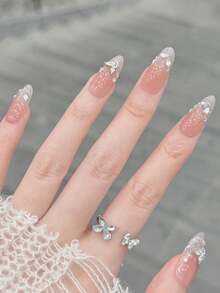 10pcs/Set Press On Nail Art, Ice Crystal Butterfly Design, Light Luxury And Simple Style, Gentle And Pure Allure, Dazzling With Rhinestones, Mature Lady's Handcrafted Wearable Nails. - Multicolor - View 3