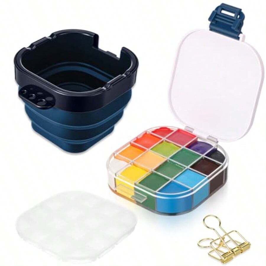 Paleta hermética de pintura acrílica con tapa bandeja de almacenamiento de 16 pozos contenedor de almacenamiento de pintura con clips de fijación lavabo plegable para acuarela acrílica gouache y - Azul - Ver 1