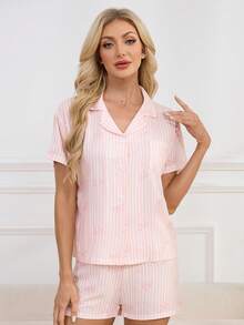 2pcs Women's Spring/Summer Pajama Set, Minimalist & Fashionable Sleepwear Set, Printed Button-Up Cardigan Short Sleeve Pocket Pajama Top And Shorts - Pink - View 6